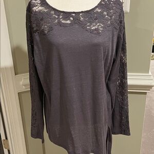 Sundance Grayish Lavender Anabella Lace asymmetrical Long Sleeve Linen Top, XL